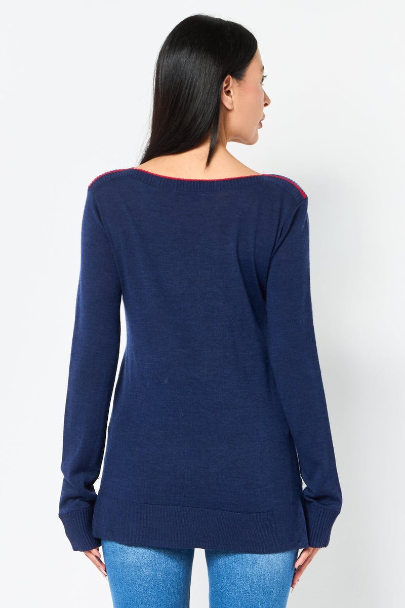 LACOSTE Women Crew Neck Plain Sweater, Navy - Image 2